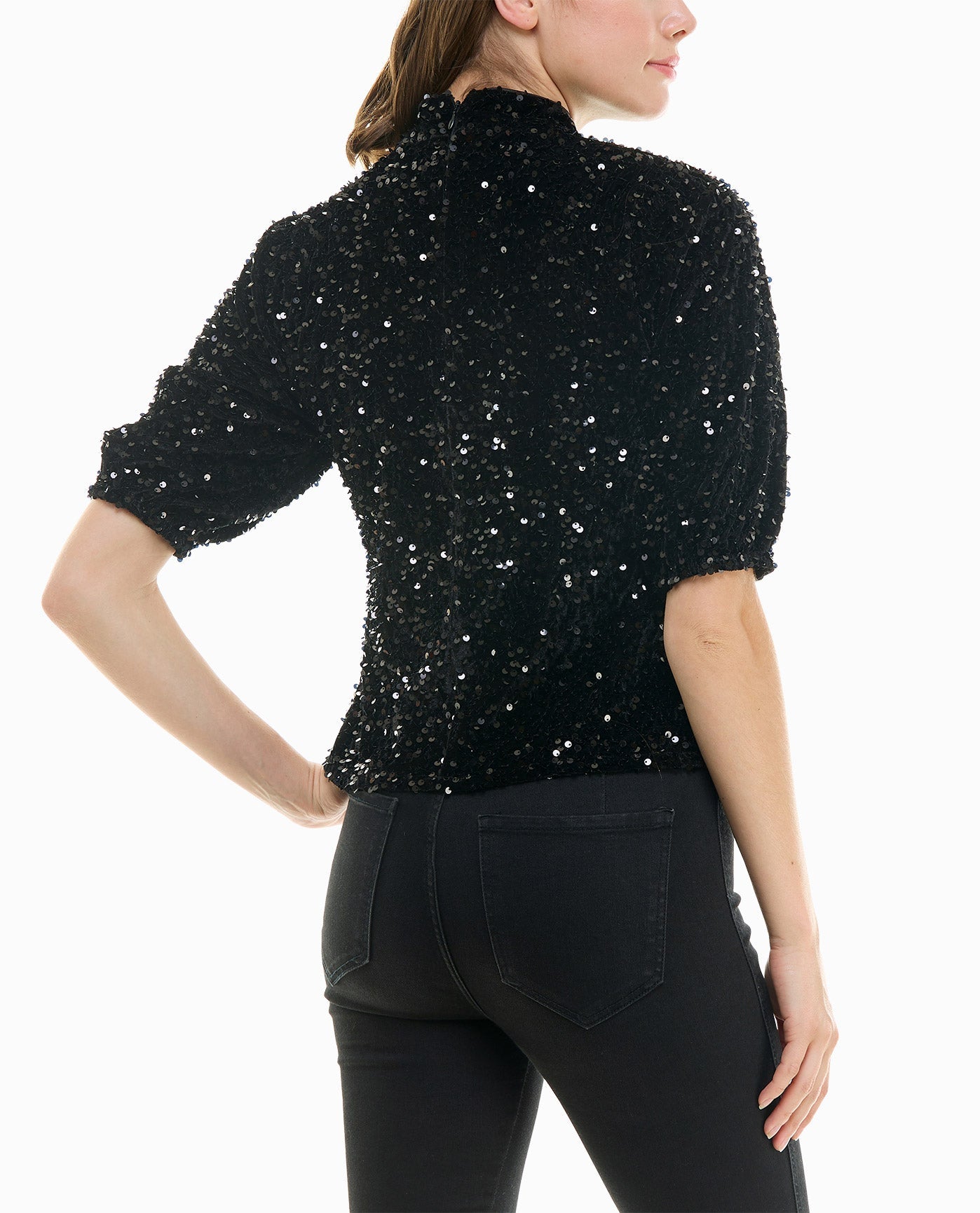 Back View Of Nicole Miller Ava Velvet Sequin Short Sleeve Top | NM VERY BLACK