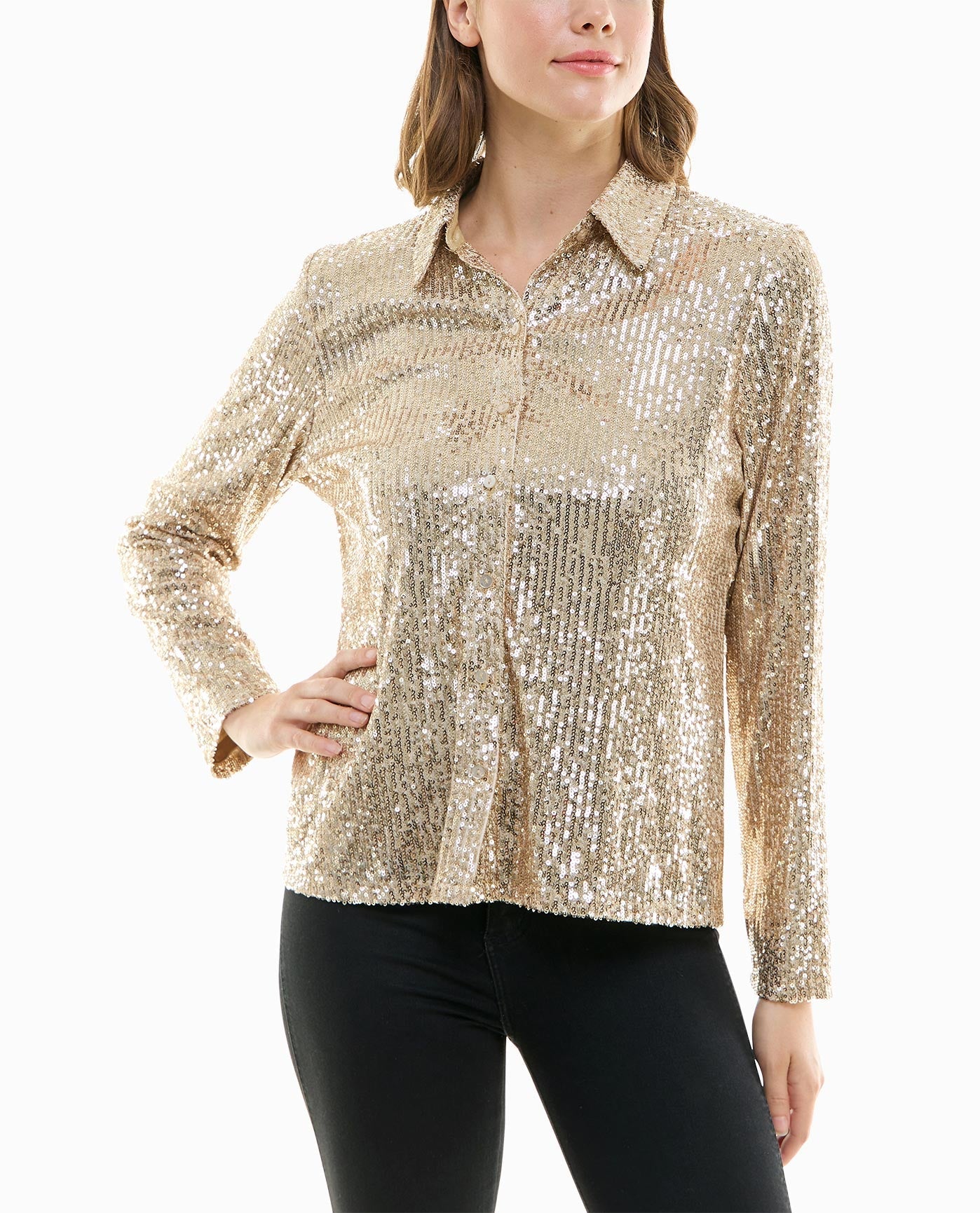 Front View Of Nicole Miller Nora Sequin Button Front Shirt | NM CHAMPAGNE