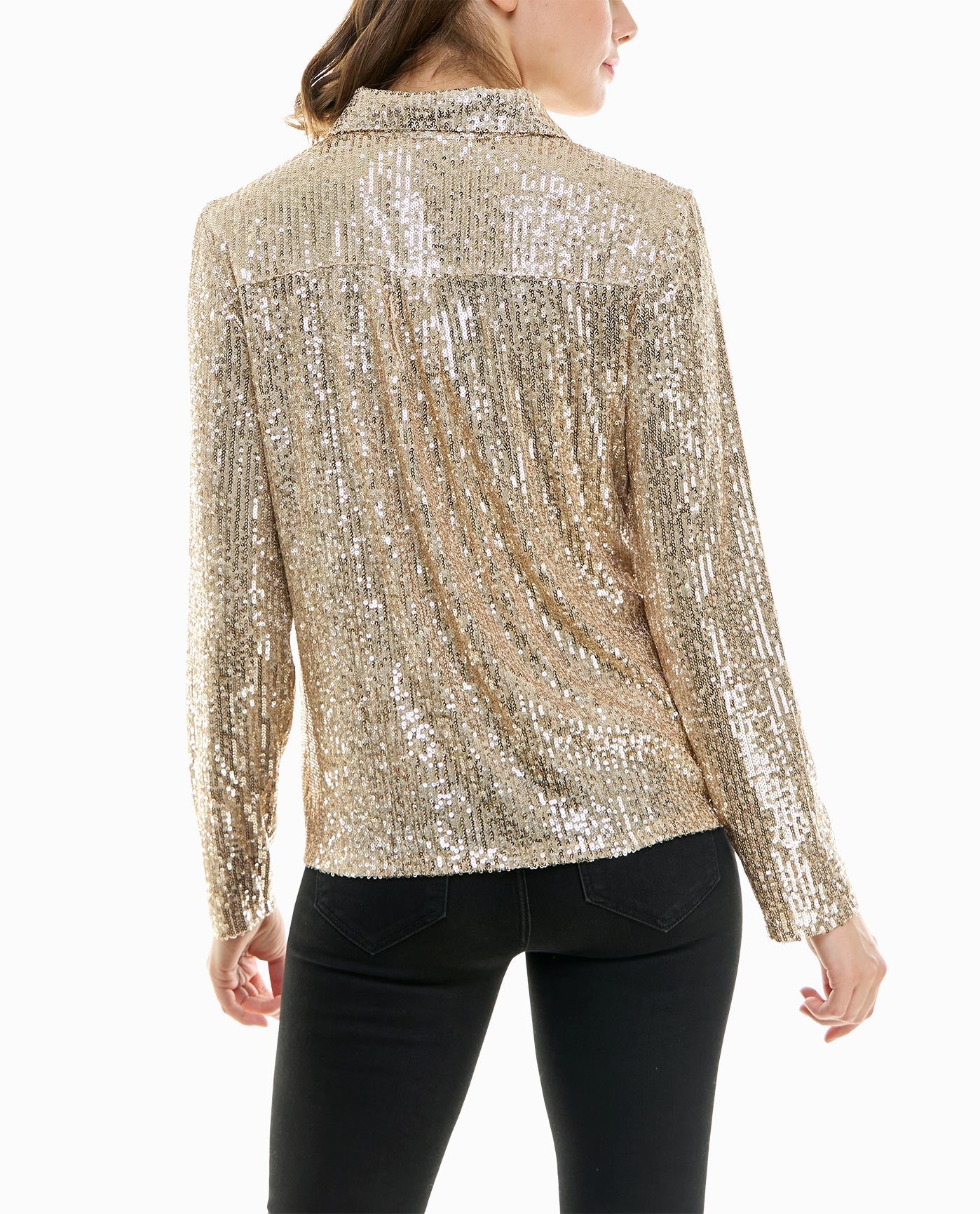 Back View Of Nicole Miller Nora Sequin Button Front Shirt | NM CHAMPAGNE