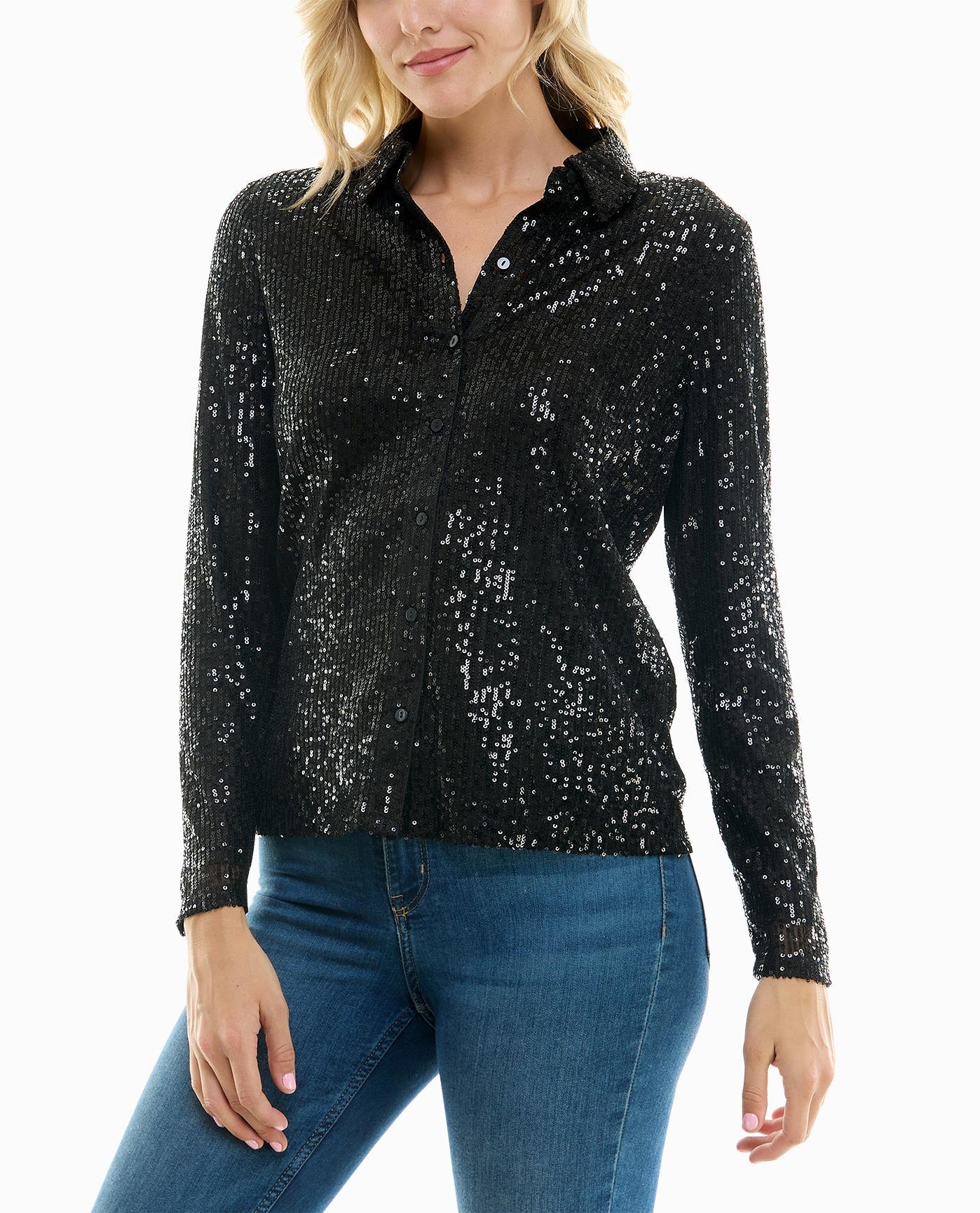 Front View Of Nicole Miller Nora Sequin Button Front Shirt | NM VERY BLACK