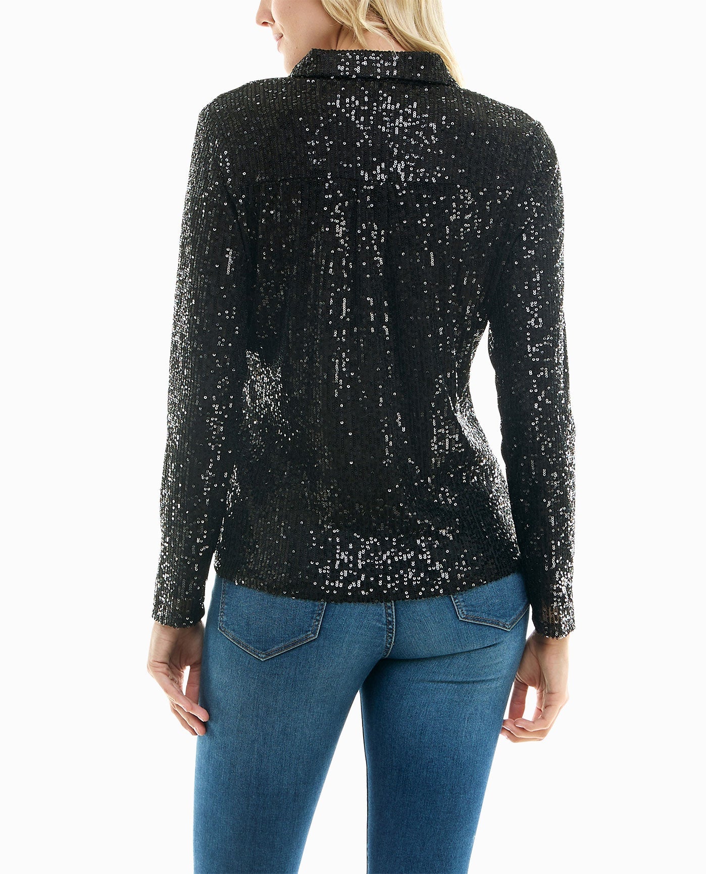 Back View Of Nicole Miller Nora Sequin Button Front Shirt | NM VERY BLACK