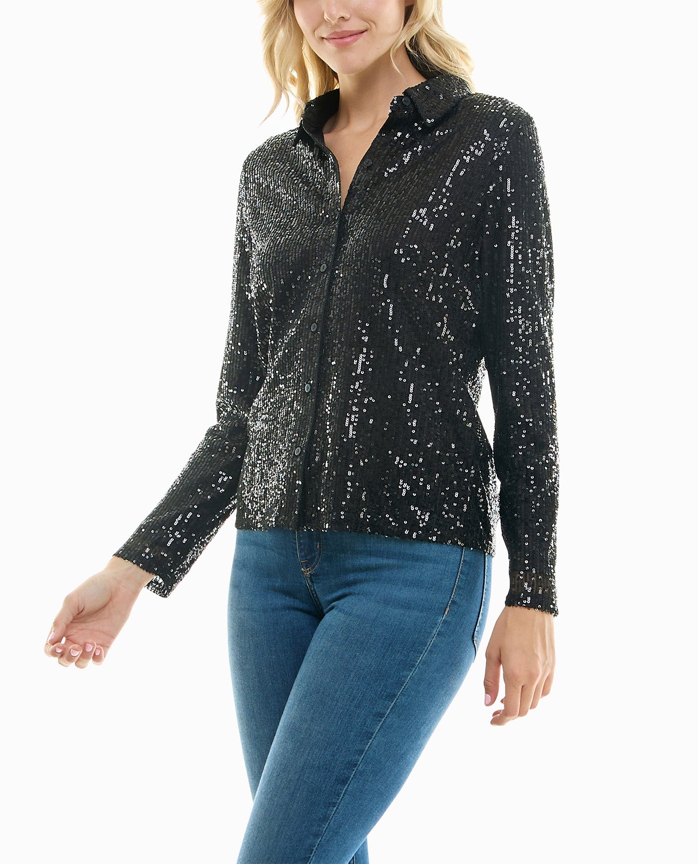 Side View View Of Nicole Miller Nora Sequin Button Front Shirt | NM VERY BLACK