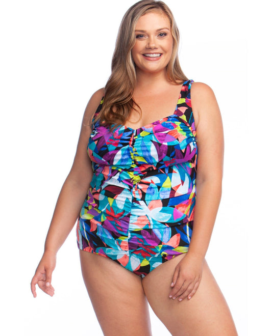 Front View of Maxine Of Hollywood Fiesta Shirred Girl Leg Plus Size One Piece Swimsuit | MAX FIESTA