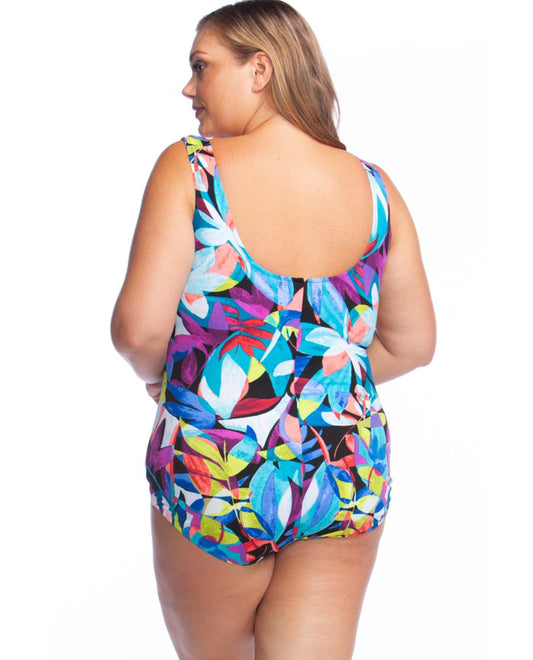Back View of Maxine Of Hollywood Fiesta Shirred Girl Leg Plus Size One Piece Swimsuit | MAX FIESTA