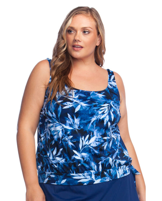 Front View of Maxine Of Hollywood In The Navy Plus Size Banded Scoop Blouson Tankini Top | MAX NAVY