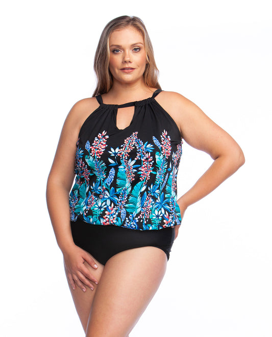 Front View Of Maxine Prairie Dreams Plus Size High Neck Keyhole Blouson One Piece Swimsuit | MAX PRAIRIE DREAMS