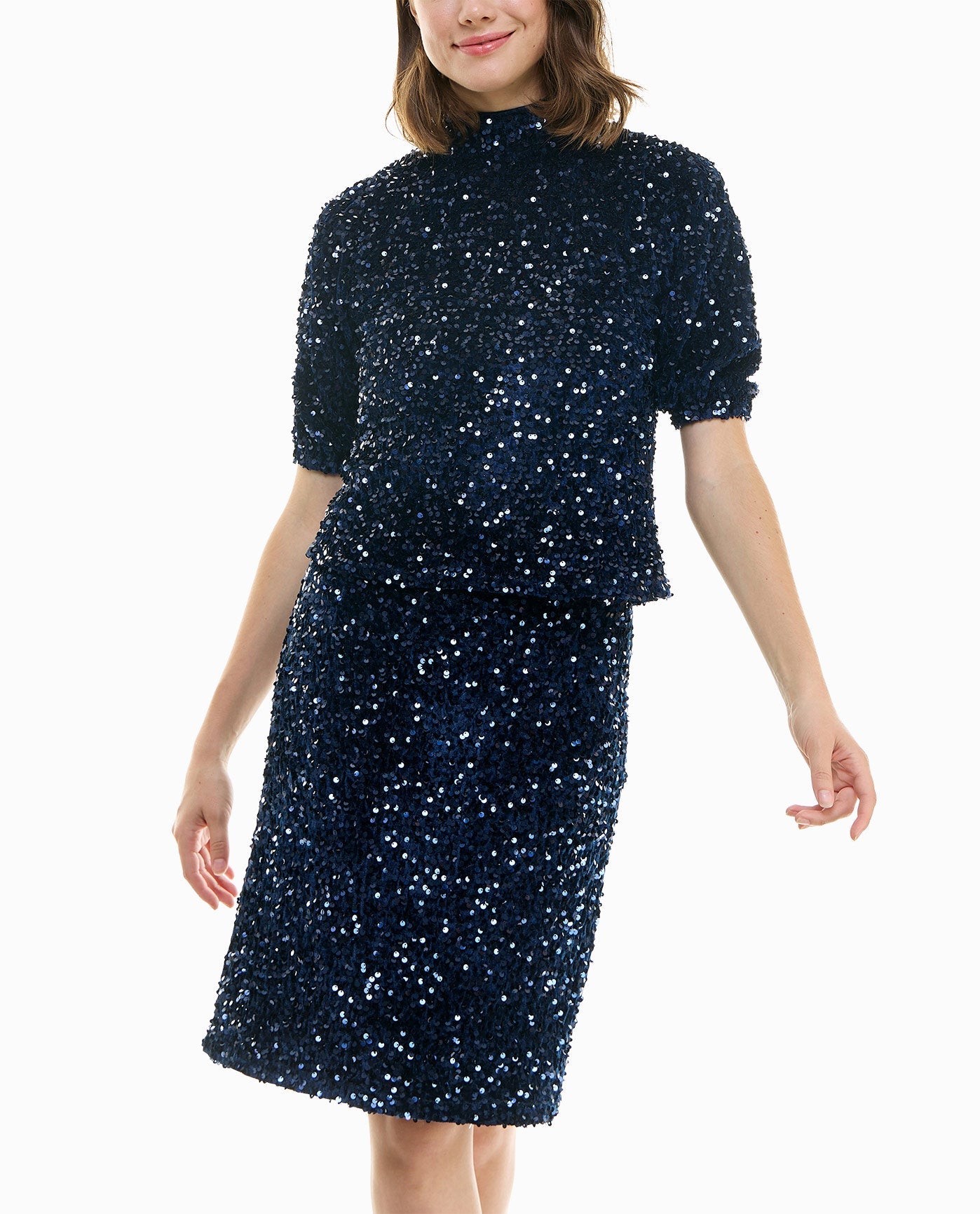 Alternate Front View Of Nicole Miller Sophia Velvet Sequin Knee Length Skirt | NM NAVY