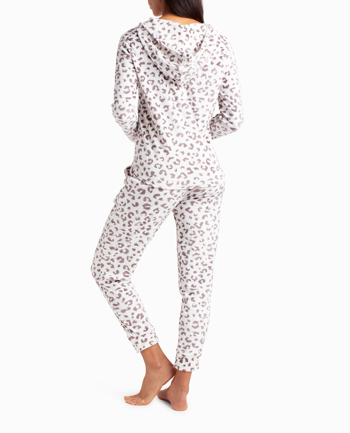 Back View Of Nicole Miller Velvet Fleece Open Neck Hoodie And Jogger Sleepwear Set | NM WHITE SNOW DROP