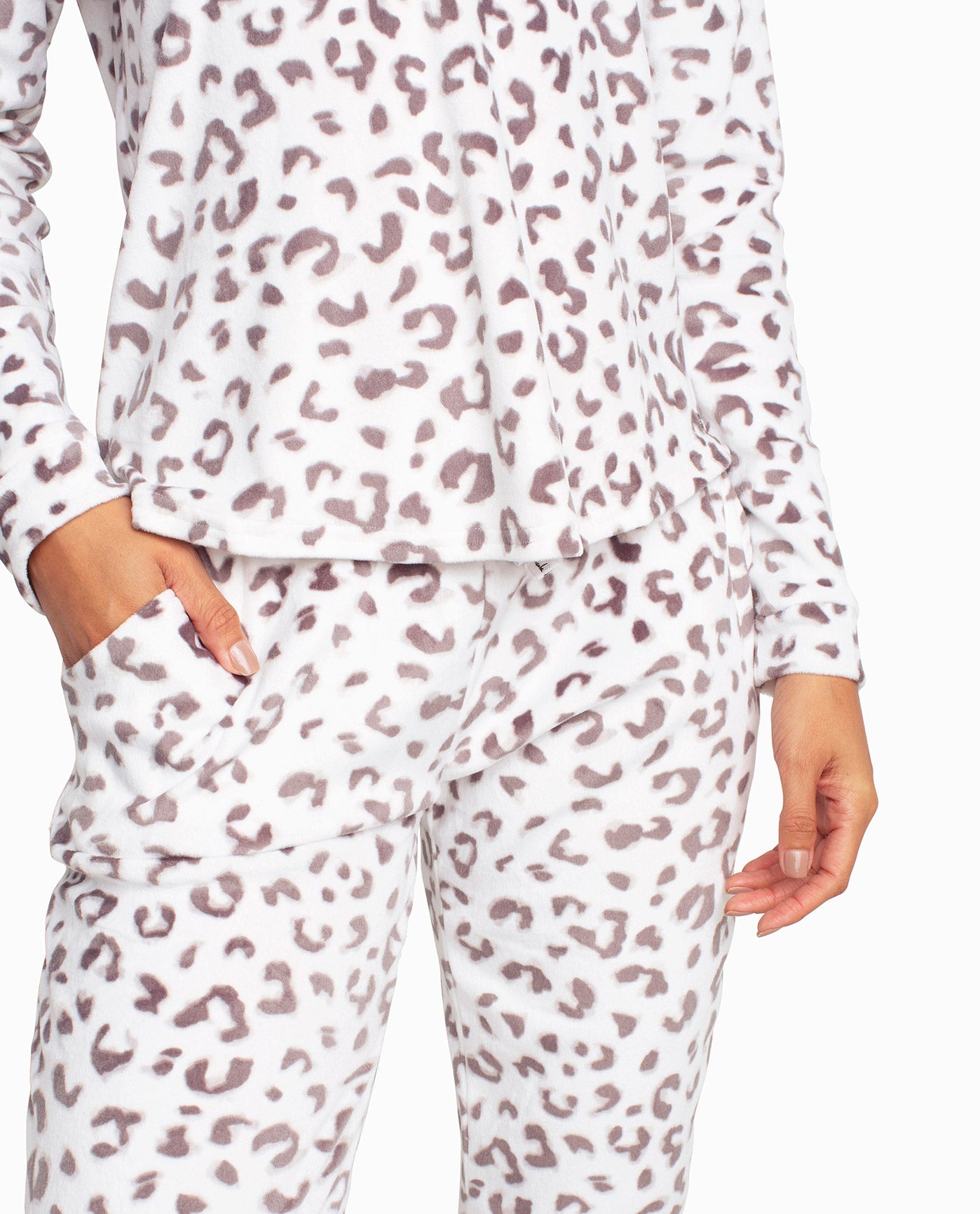 Front Detail View Of Nicole Miller Velvet Fleece Open Neck Hoodie And Jogger Sleepwear Set | NM WHITE SNOW DROP