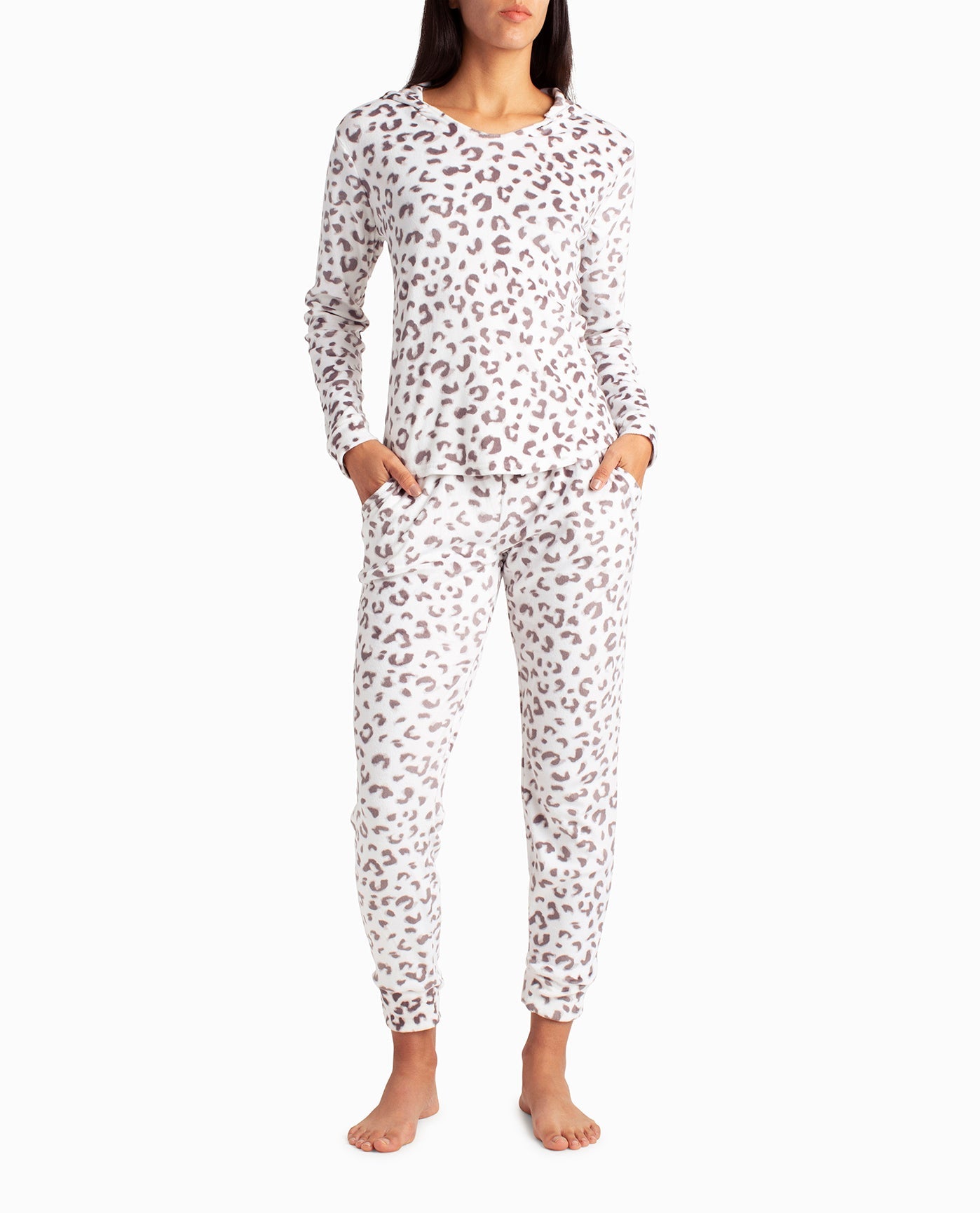 Front View Of Nicole Miller Velvet Fleece Open Neck Hoodie And Jogger Sleepwear Set | NM WHITE SNOW DROP