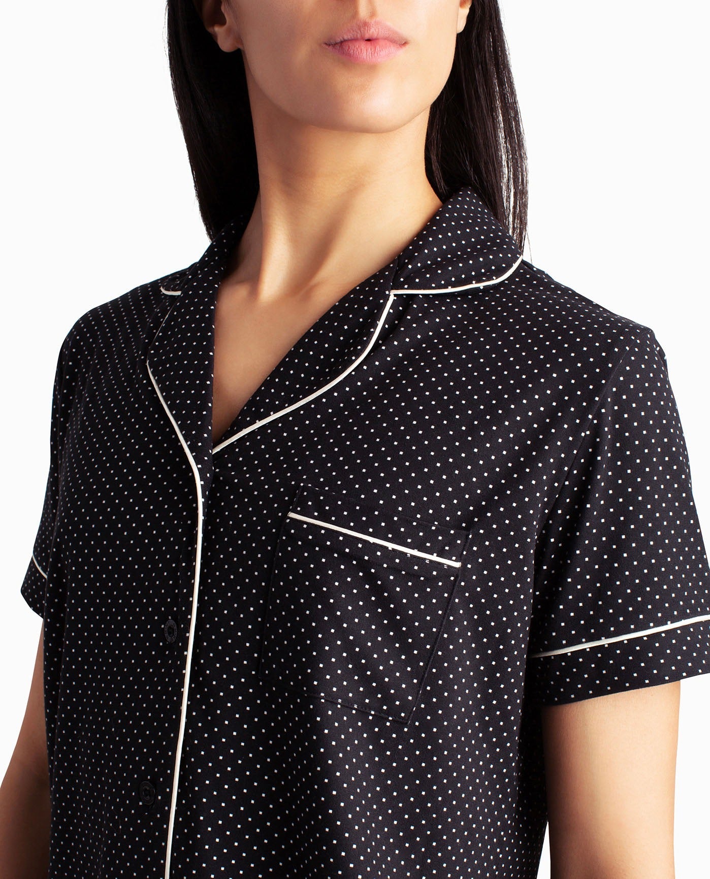 Front Detail View Of Nicole Miller Peached Jersey Shirt And Short Two-Piece Sleepwear Set | NM BLACK DOT SQUARE