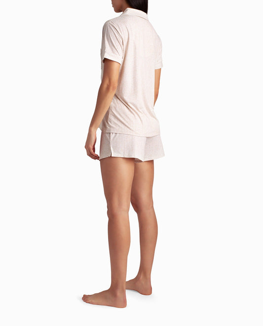 Back View Of Nicole Miller Peached Jersey Shirt And Short Two-Piece Sleepwear Set | NM OATMEAL STRIPE