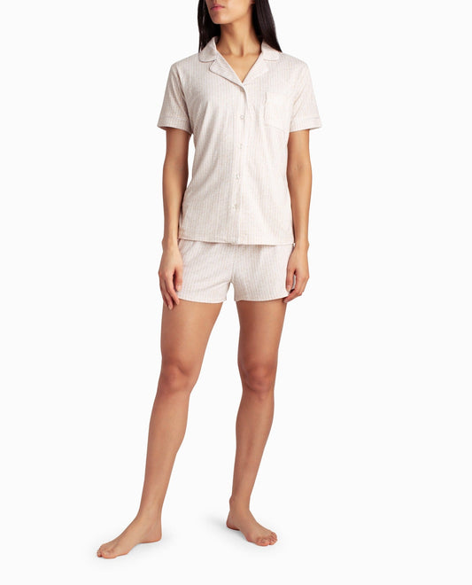 Front View Of Nicole Miller Peached Jersey Shirt And Short Two-Piece Sleepwear Set | NM OATMEAL STRIPE