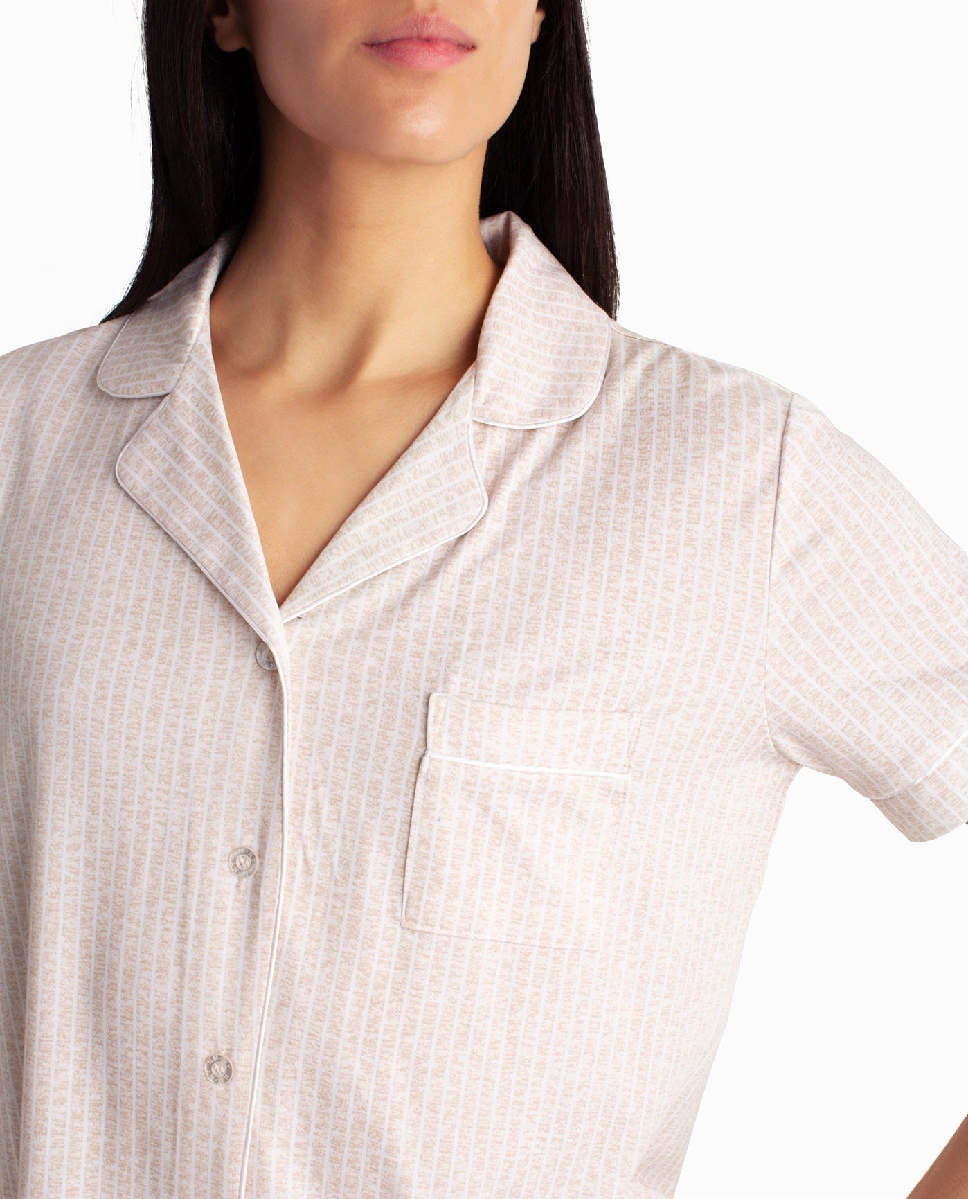 Front Detail View Of Nicole Miller Peached Jersey Shirt And Short Two-Piece Sleepwear Set | NM OATMEAL STRIPE