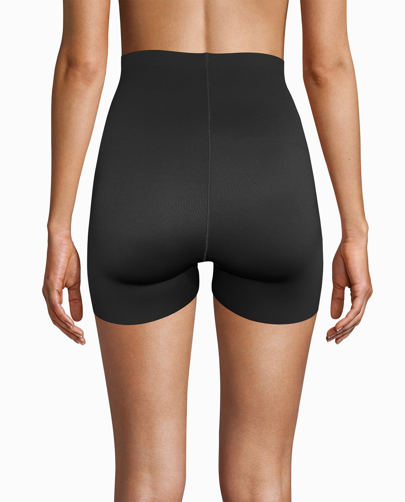 Front Detail View Of Nicole Miller 2-Pack Scuba High Waisted Shaping Shorts | NM BLACK AND CAFÉ LATTE