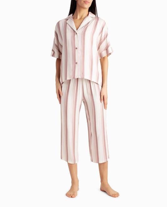 Front View Of Nicole Miller Woven Shirt And Capri Two-Piece Sleepwear Set | NM DUNE TEXTURED BLOCK STRIPE