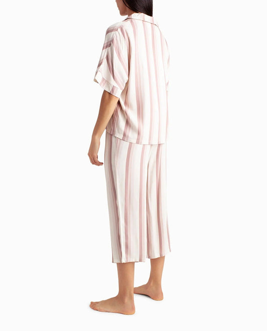 Back View Of Nicole Miller Woven Shirt And Capri Two-Piece Sleepwear Set | NM DUNE TEXTURED BLOCK STRIPE