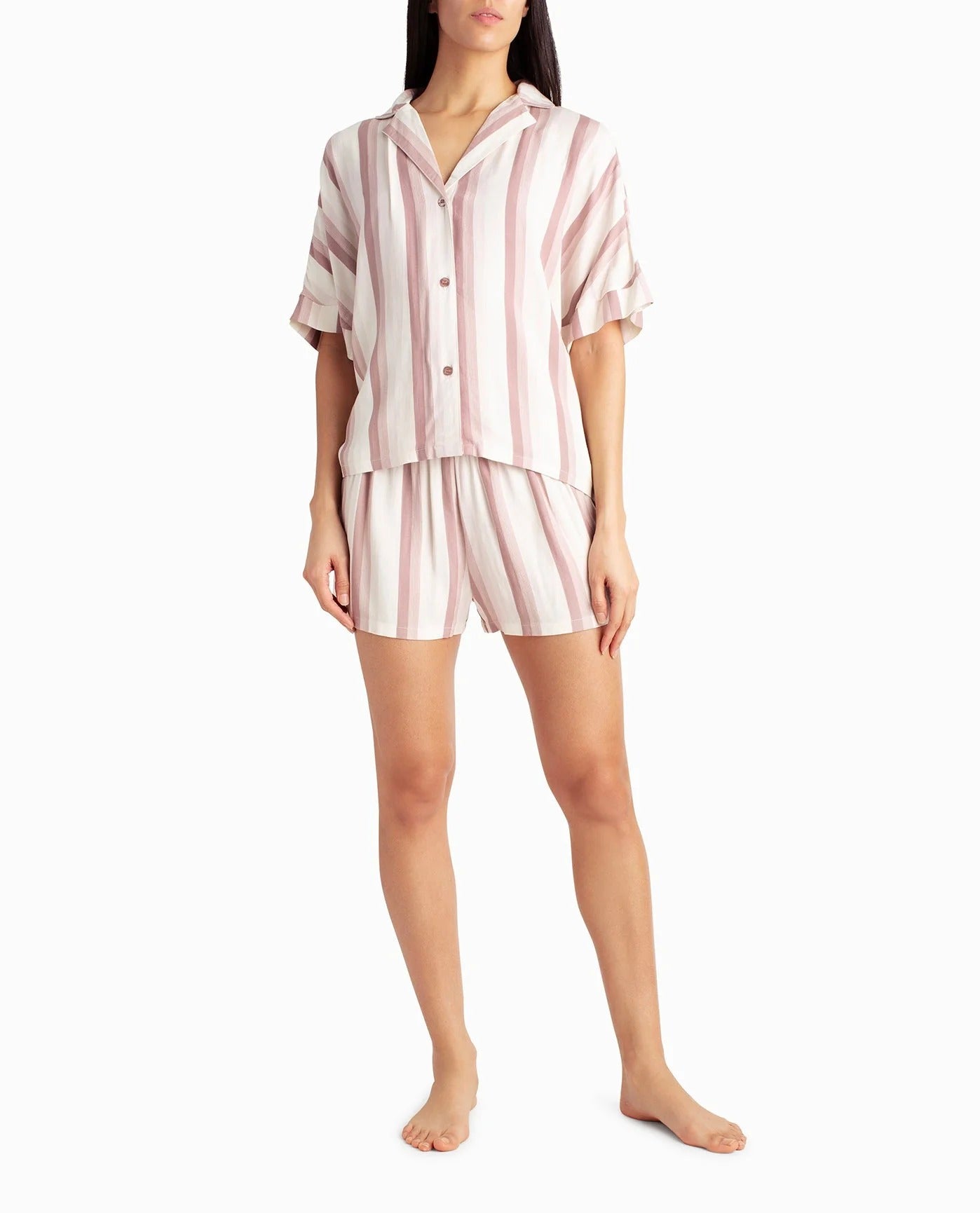 Front View Of Nicole Miller Woven Shirt And Short Two-Piece Sleepwear Set | NM DUNE TEXTURED BLOCK STRIPE