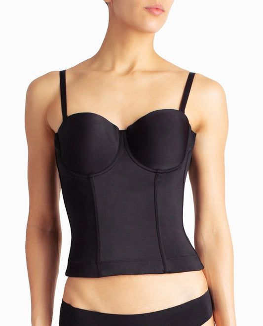 Front View Of Nicole Miller Microfiber Low Back Boned Bustier | NM BLACK