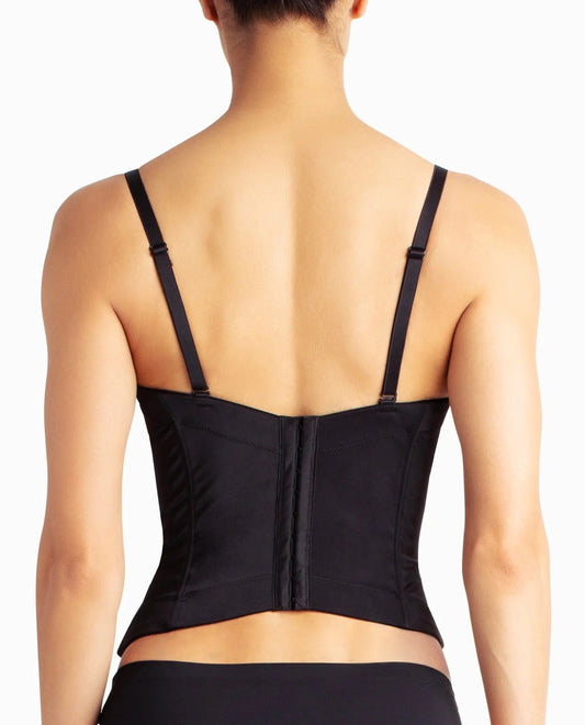 Back View Of Nicole Miller Microfiber Low Back Boned Bustier | NM BLACK