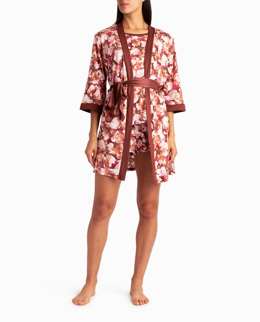 Front View Of Nicole Miller Peached Jersey Three-Piece Sleepwear Set | NM CACAO FLORAL