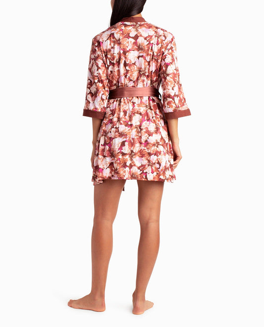 Back View Of Nicole Miller Peached Jersey Three-Piece Sleepwear Set | NM CACAO FLORAL