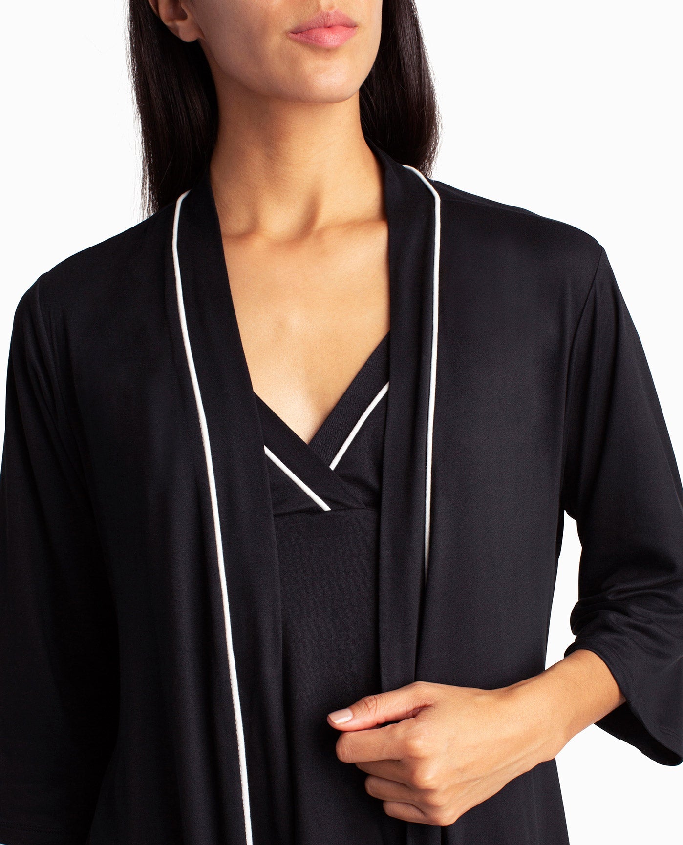 Front Detail View Of Nicole Miller Peached Jersey Three-Piece Sleepwear Set | NM BLACK