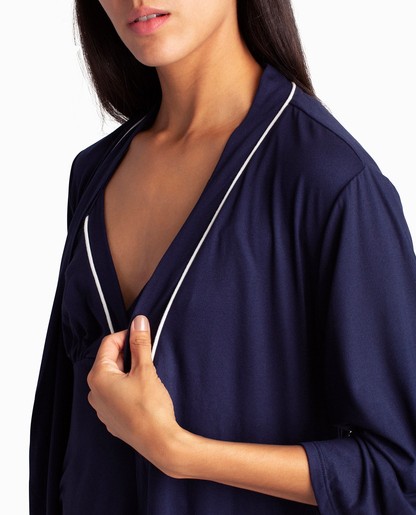 Front Detail View Of Nicole Miller Peached Jersey Three-Piece Sleepwear Set | NM PEACOAT