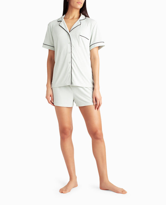 Front View Of Nicole Miller Ribbed Shirt And Short Two-Piece Sleepwear Set | NM SWEET SPRING