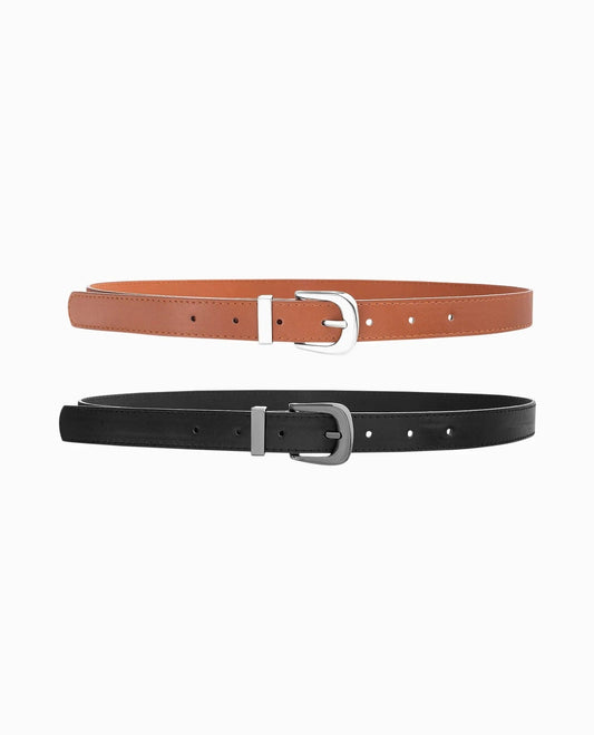 Front View Of Nicole Miller Metal Buckle Thin Belt Two-Piece Set | NM BLACK AND BROWN