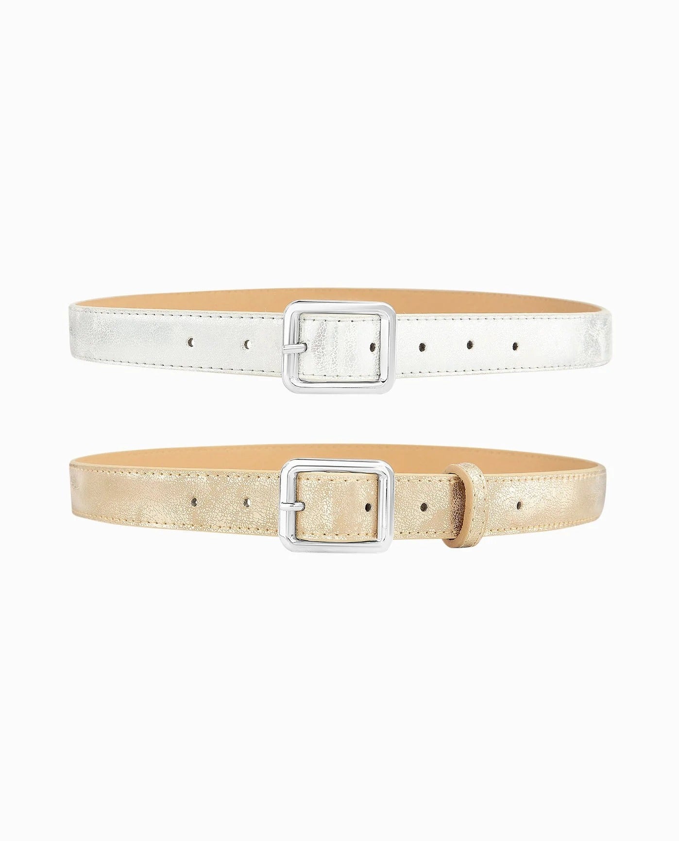 Front View Of Nicole Miller Metallic Thin Belt Two-Piece Set | NM METALLIC GOLD AND SILVER