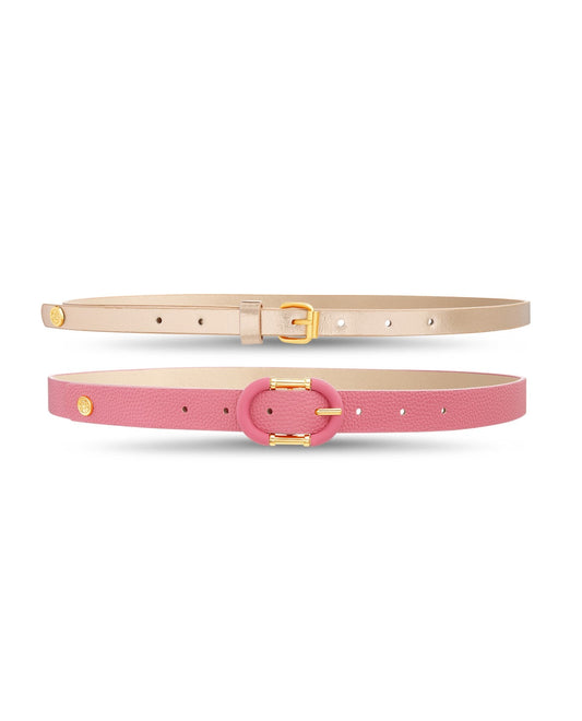 Front View of Nicole Miller Vegan Leather Skinny Belt Two-Piece Set | NM PINK AND GOLD