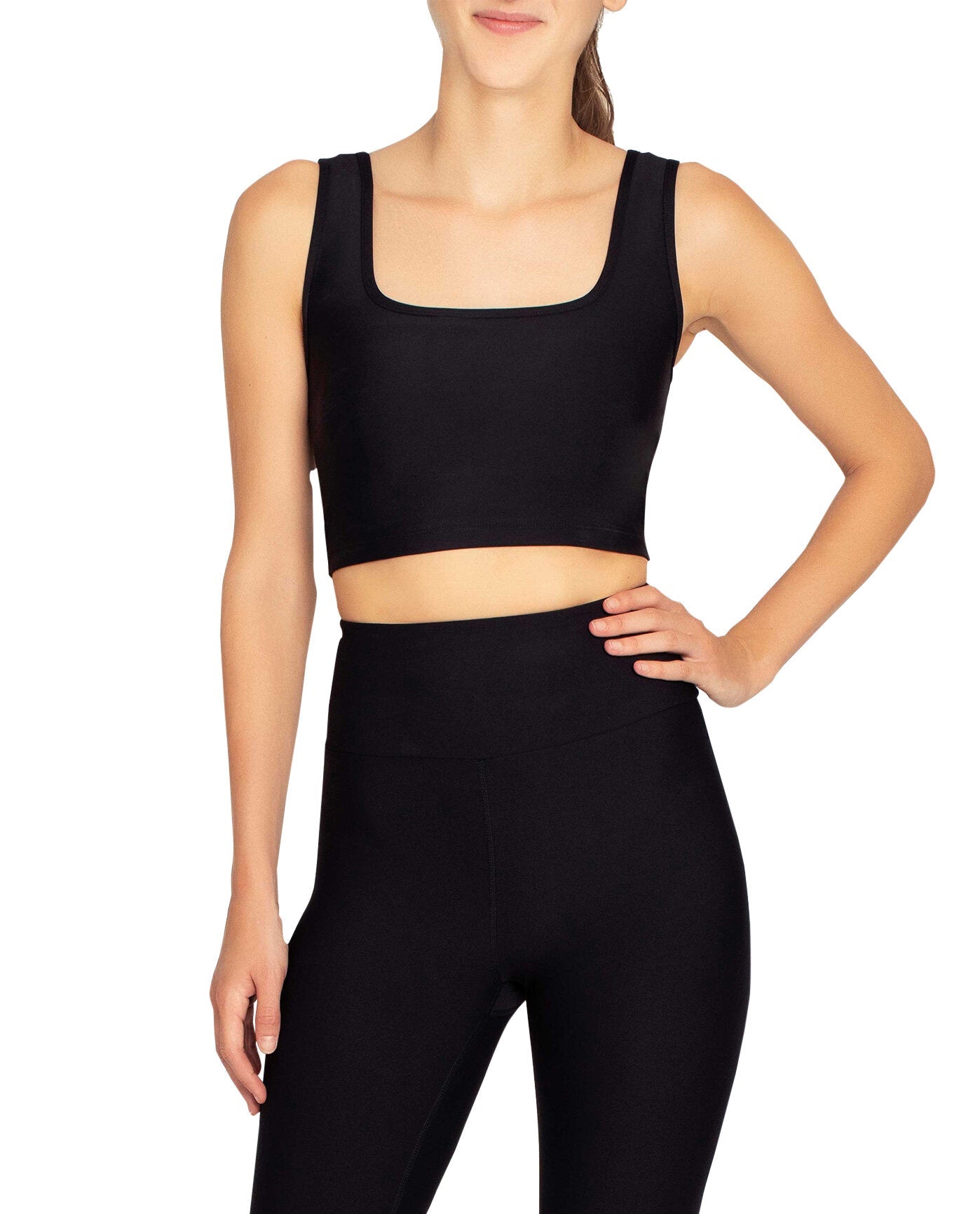 Front View Of Nicole Miller Sports Bra Top | NM JET BLACK