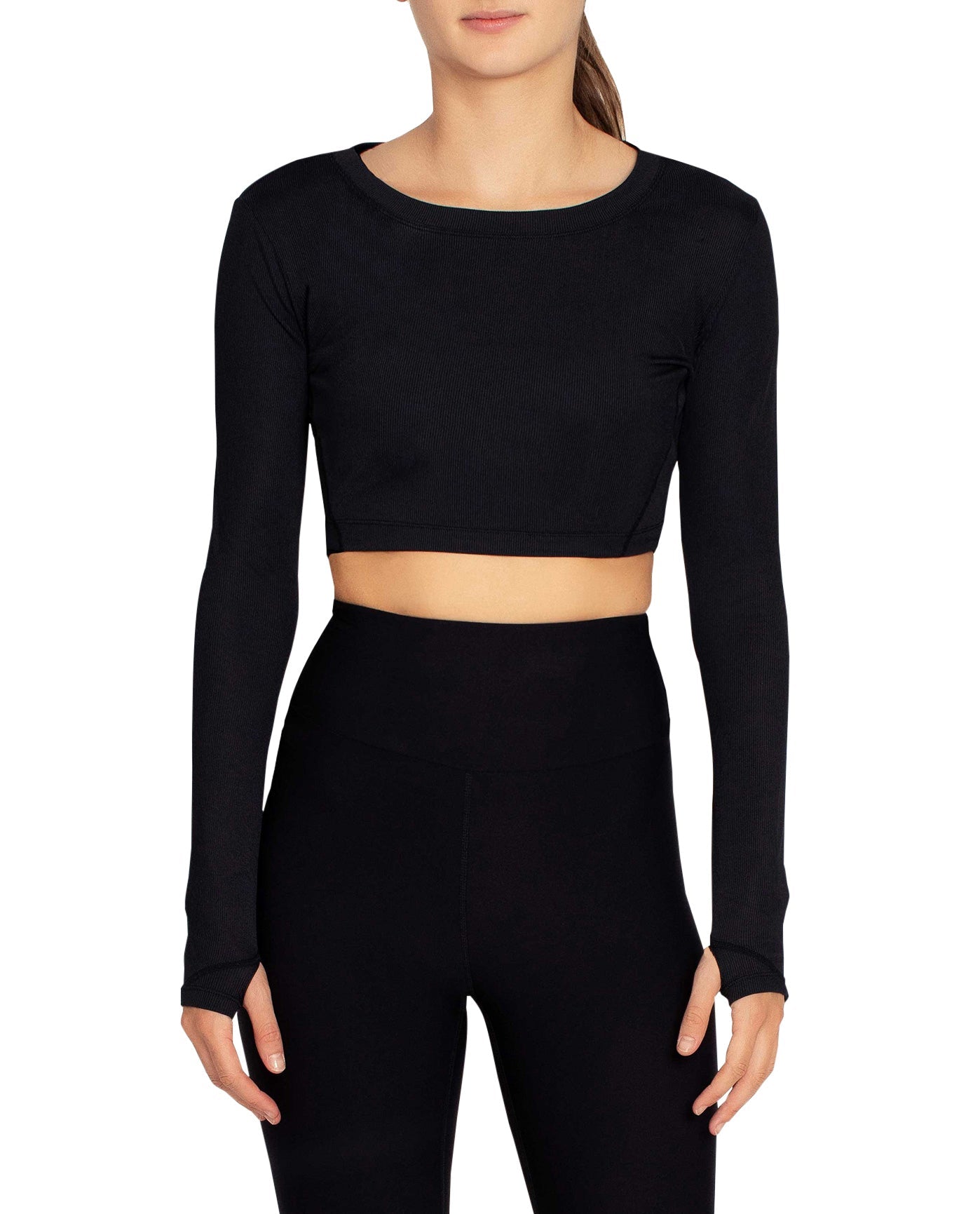 Front View Of Nicole Miller Cropped Active Long Sleeve Top | NM JET BLACK