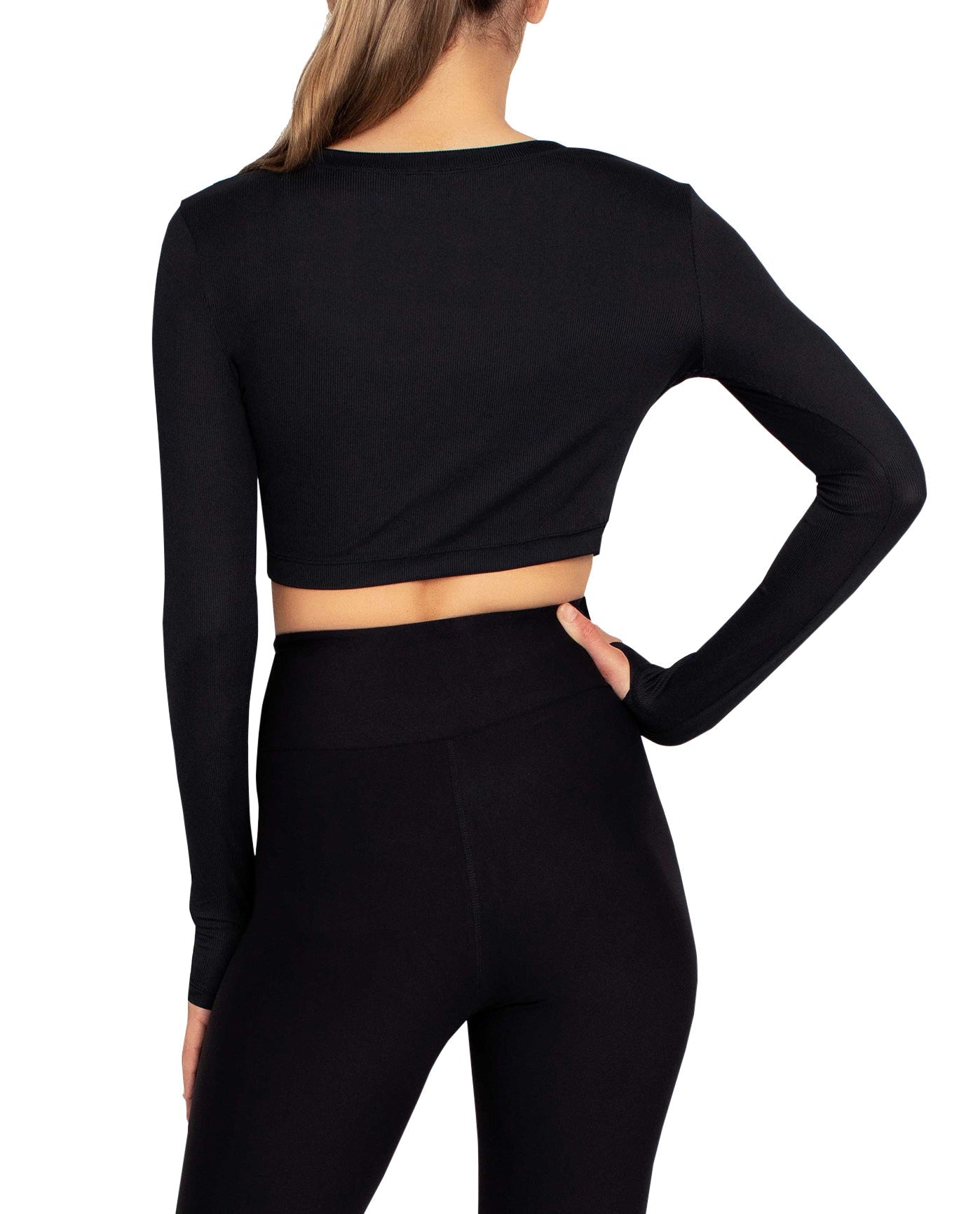 Back View Of Nicole Miller Cropped Active Long Sleeve Top | NM JET BLACK