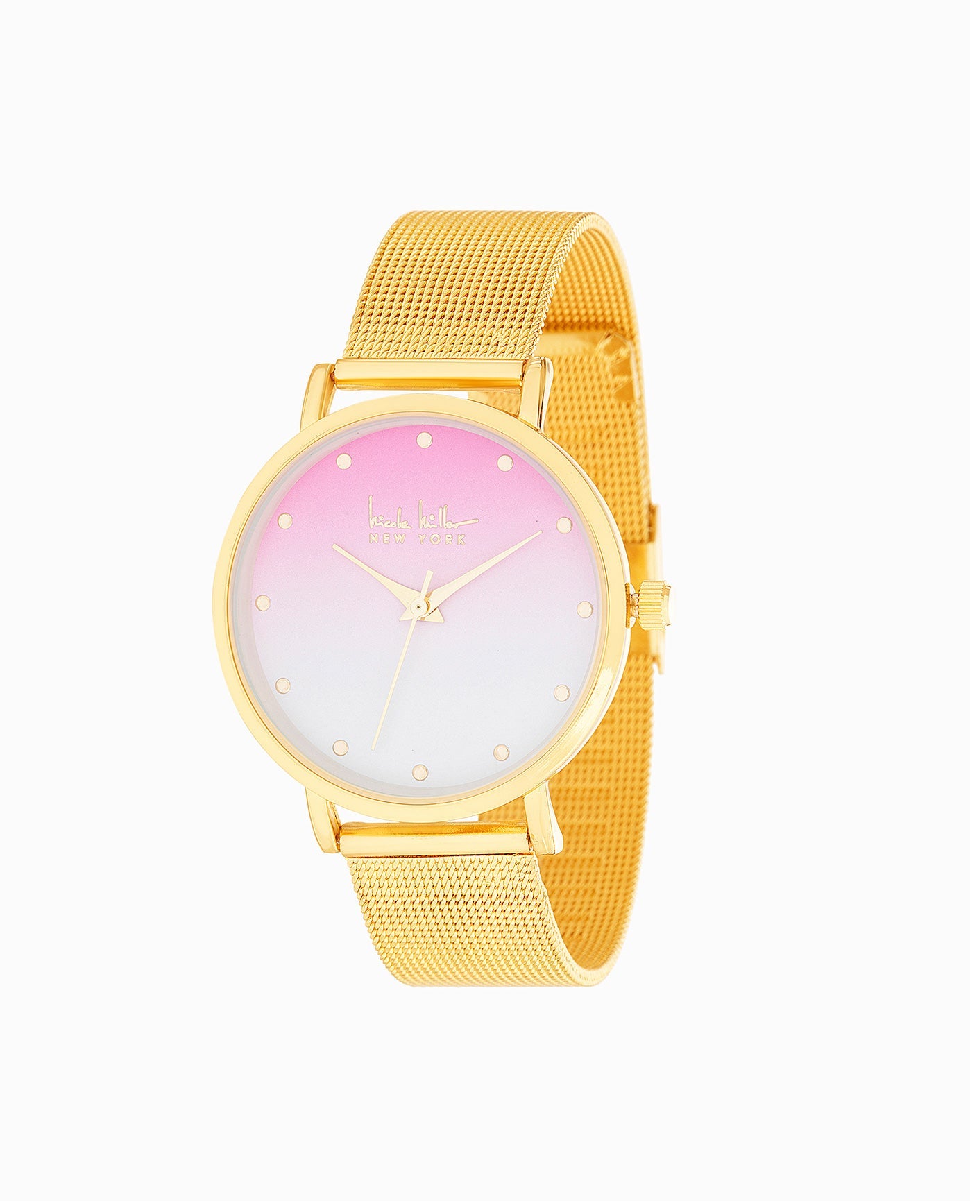 Front View Of Nicole Miller Pink/Gold Tone Stainless Steel Bracelet Watch, 35Mm | NM GOLD AND PINK