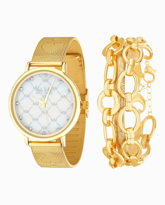 Front View Of Nicole Miller Stainless Steel Bracelet Watch, 35Mm | NM GOLD