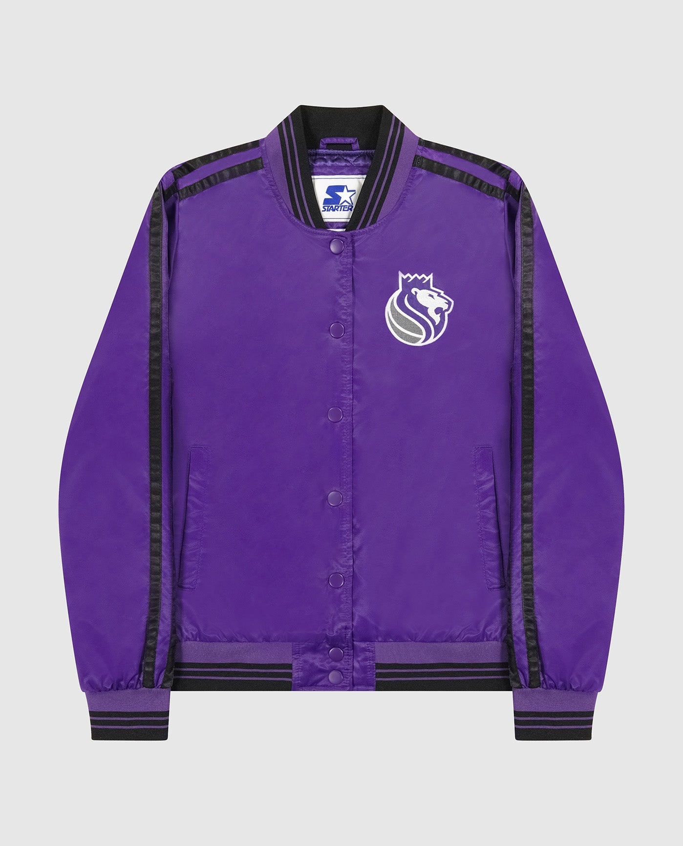 Front View of Starter Purple Womens Sacramento Kings Varsity Satin Full-Snap Starter Jacket | STR SACRAMENTO KINGS PURPLE