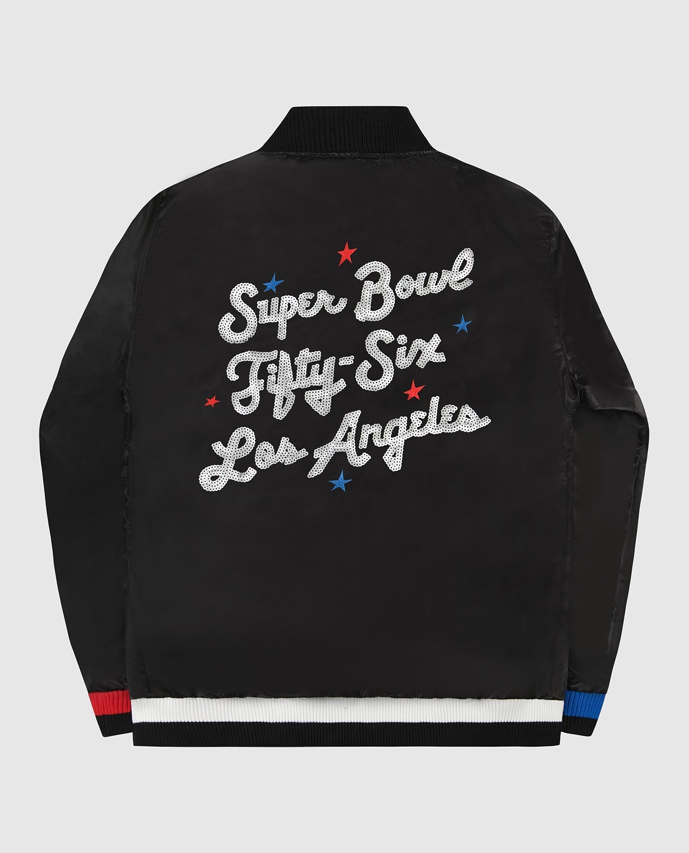 Back View of Starter Black Womens Super Bowl Lvi Varsity Satin Full-Snap Starter Jacket | STR SUPER BOWL LVI BLACK