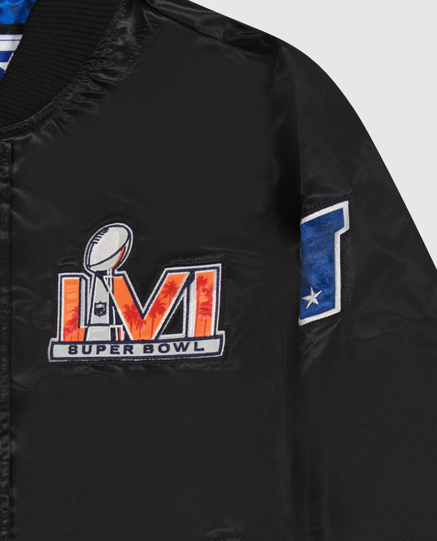 Side View of Starter Black Womens Super Bowl Lvi Varsity Satin Full-Snap Starter Jacket | STR SUPER BOWL LVI BLACK