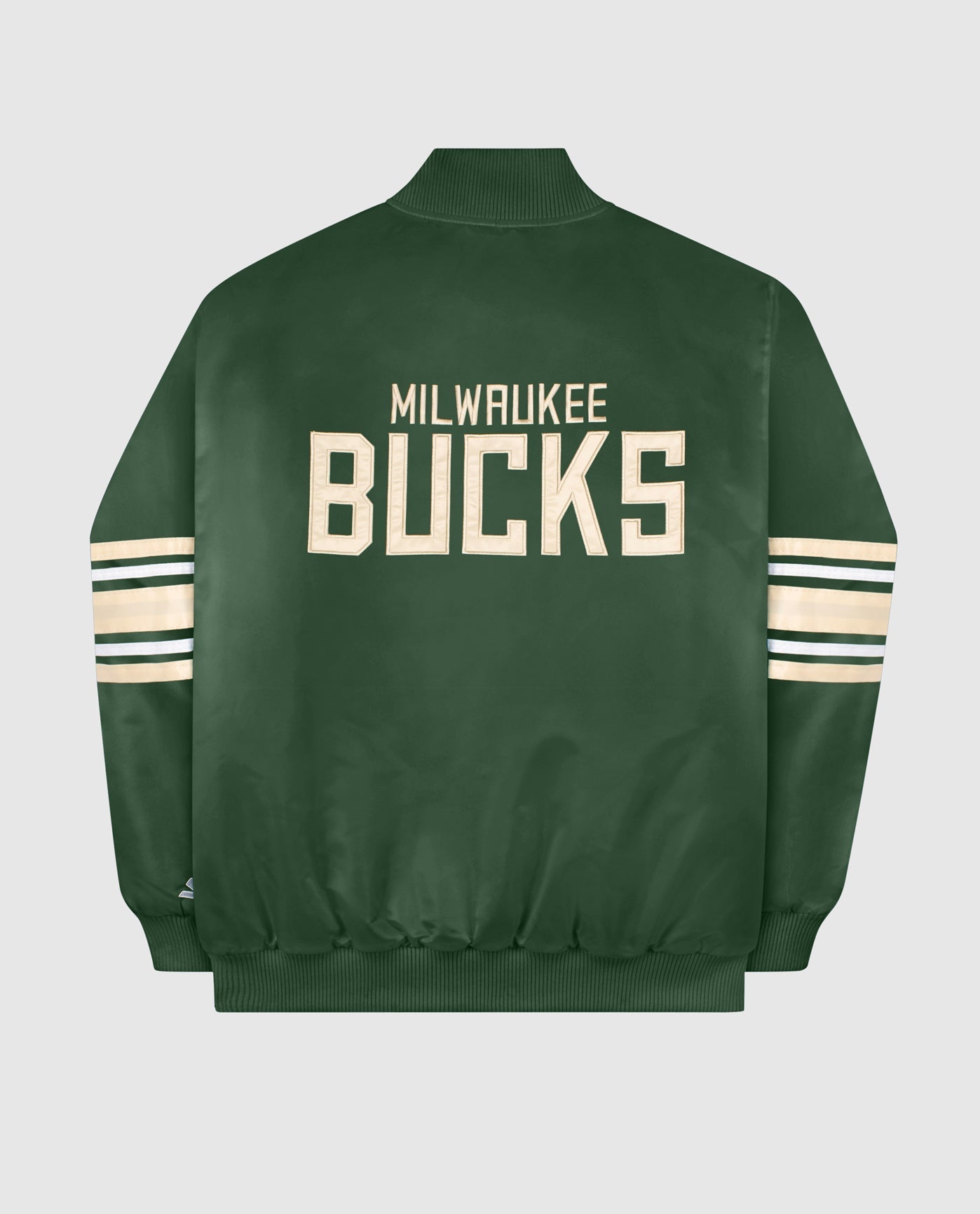 Back View of Starter Green Womens Milwaukee Bucks Varsity Satin Full-Snap Starter Jacket | STR MILWAUKEE BUCKS GREEN