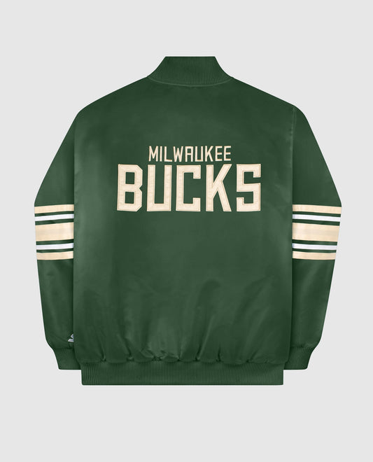 Back View of Starter Green Womens Milwaukee Bucks Varsity Satin Full-Snap Starter Jacket | STR MILWAUKEE BUCKS GREEN