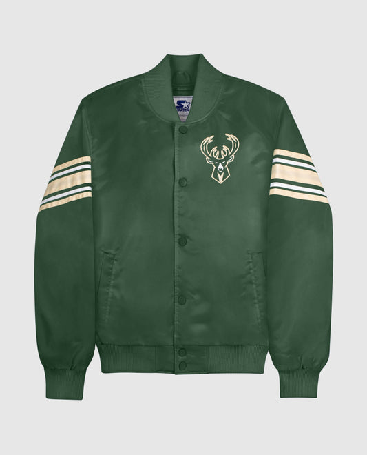 Front View of Starter Green Womens Milwaukee Bucks Varsity Satin Full-Snap Starter Jacket | STR MILWAUKEE BUCKS GREEN
