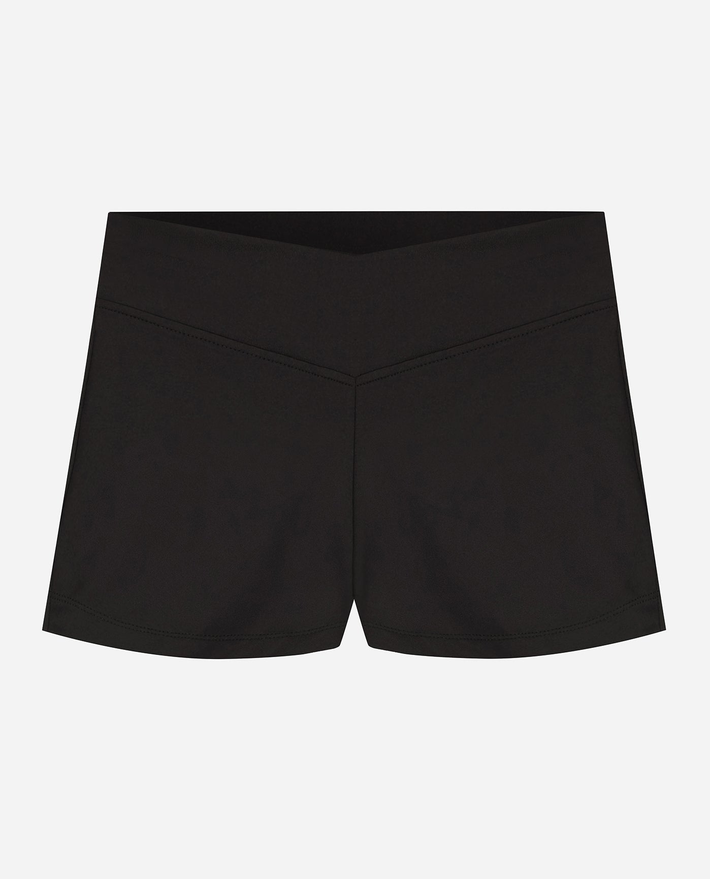 Front View of Danskin Black Girls Basic 2 Inch V-Front Dance Shorts | DSK BLACK