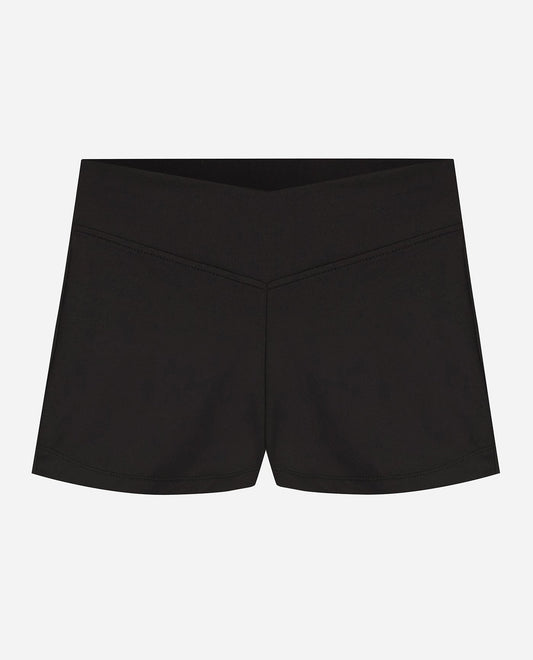 Front View of Danskin Black Girls Basic 2 Inch V-Front Dance Shorts | DSK BLACK