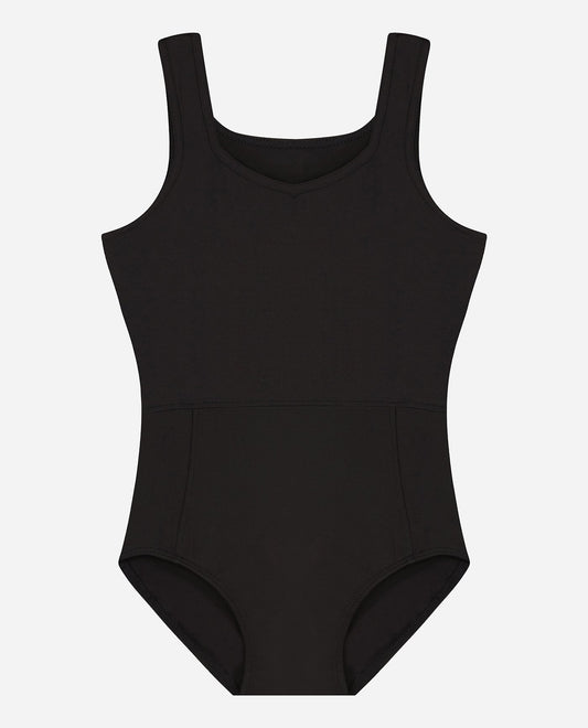 Front View Of Danskin Black Girls Basic Princess Tank Dance Leotard | DSK BLACK