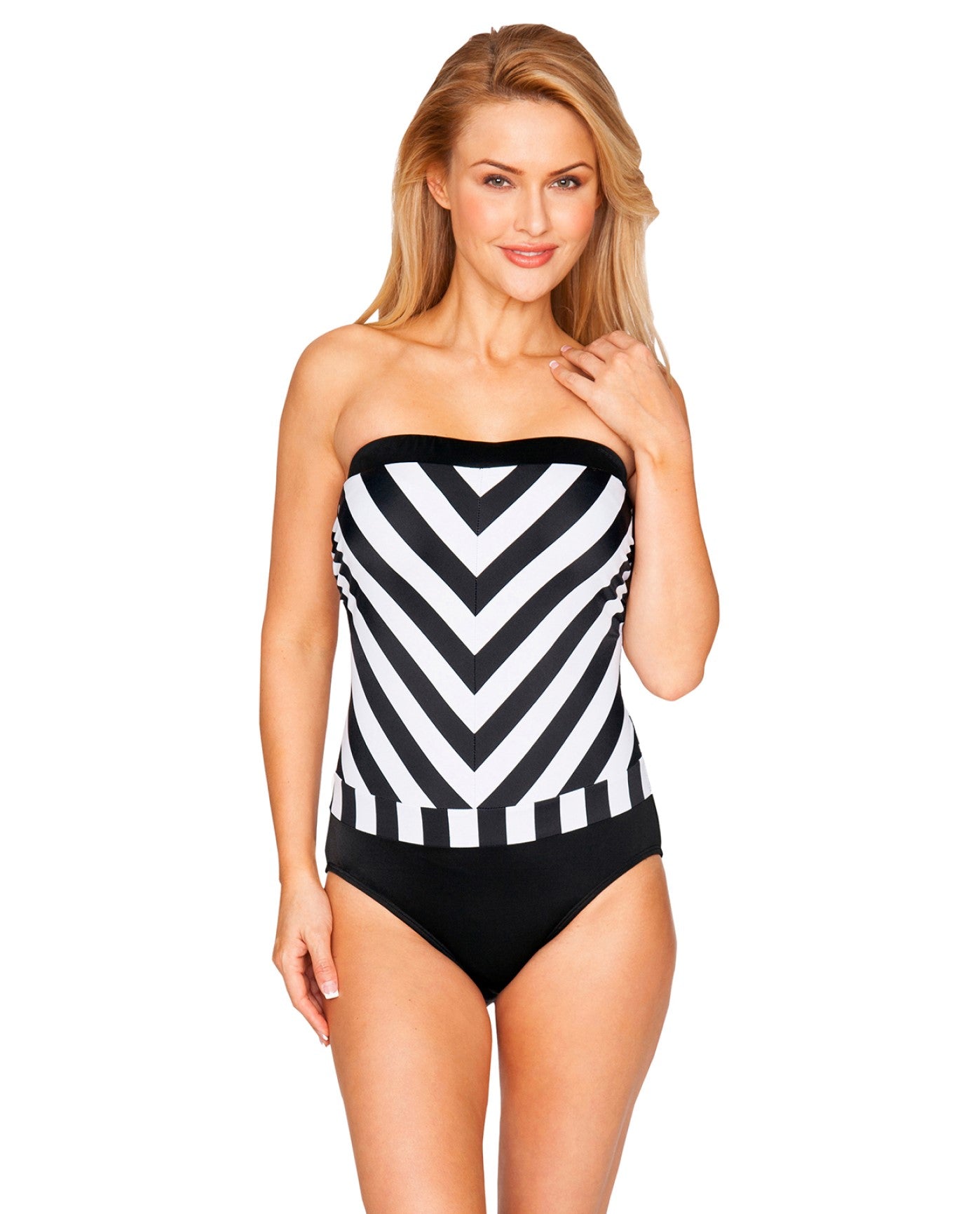 Front View of Longitude Lined Up Bandeau One Piece Swimsuit | LGT BLACK AND WHITE