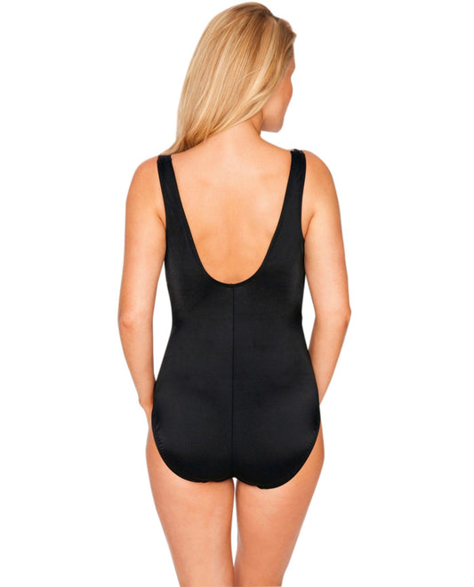 Back View of Longitude White Colorblock Zip Front One Piece Swimsuit | LGT BLACK AND WHITE
