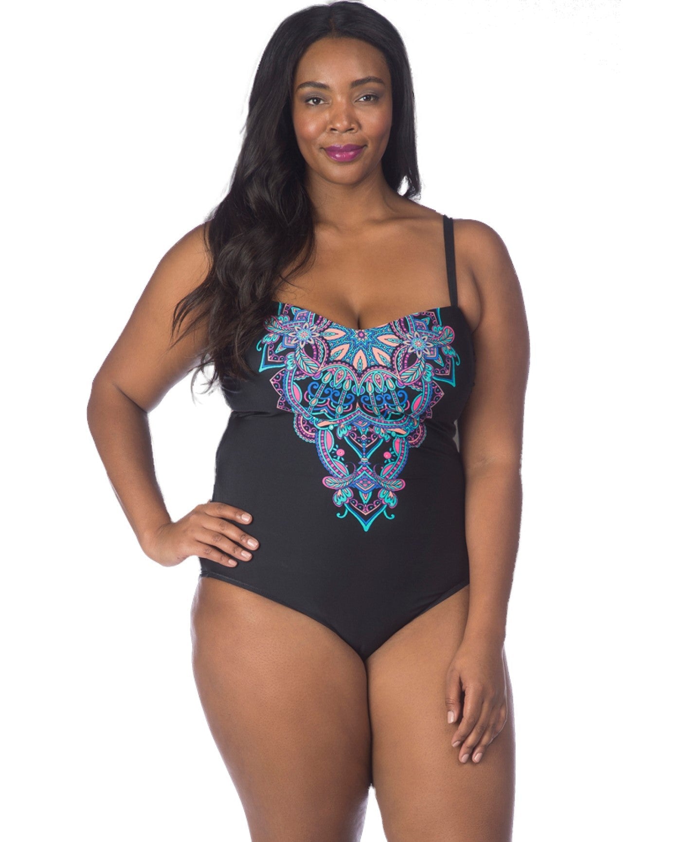 Front View of Kenneth Cole Dream Weaver Plus Size Bandeau One Piece Swimsuit |  KKC DREAM WEAVER