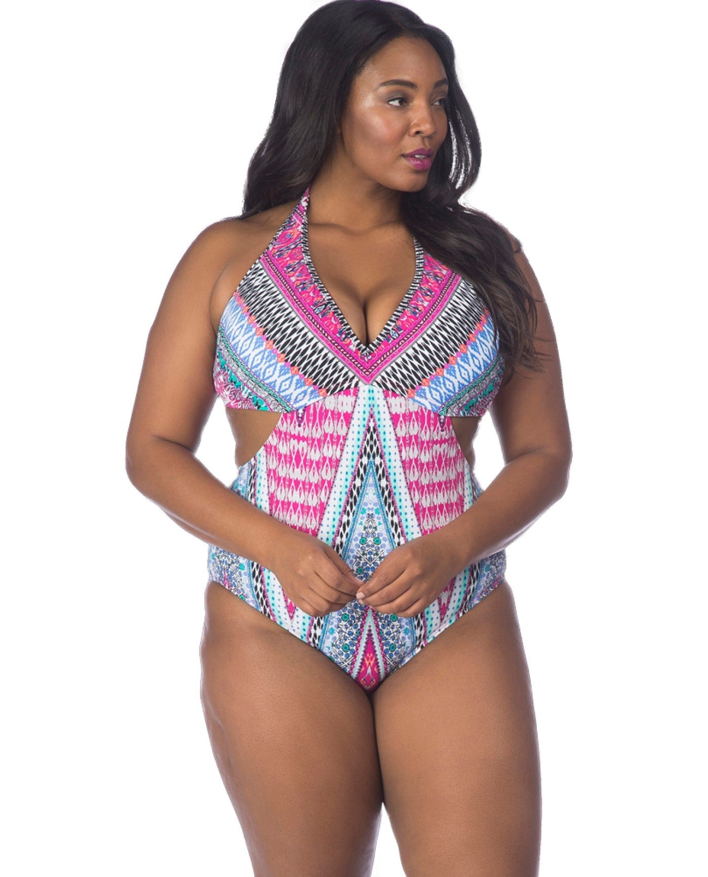 Front View of Kenneth Cole Riviera Stripe Plus Size Underwire Halter Peek-A-Boo One Piece Swimsuit |  KKC RIVIERA STRIPE